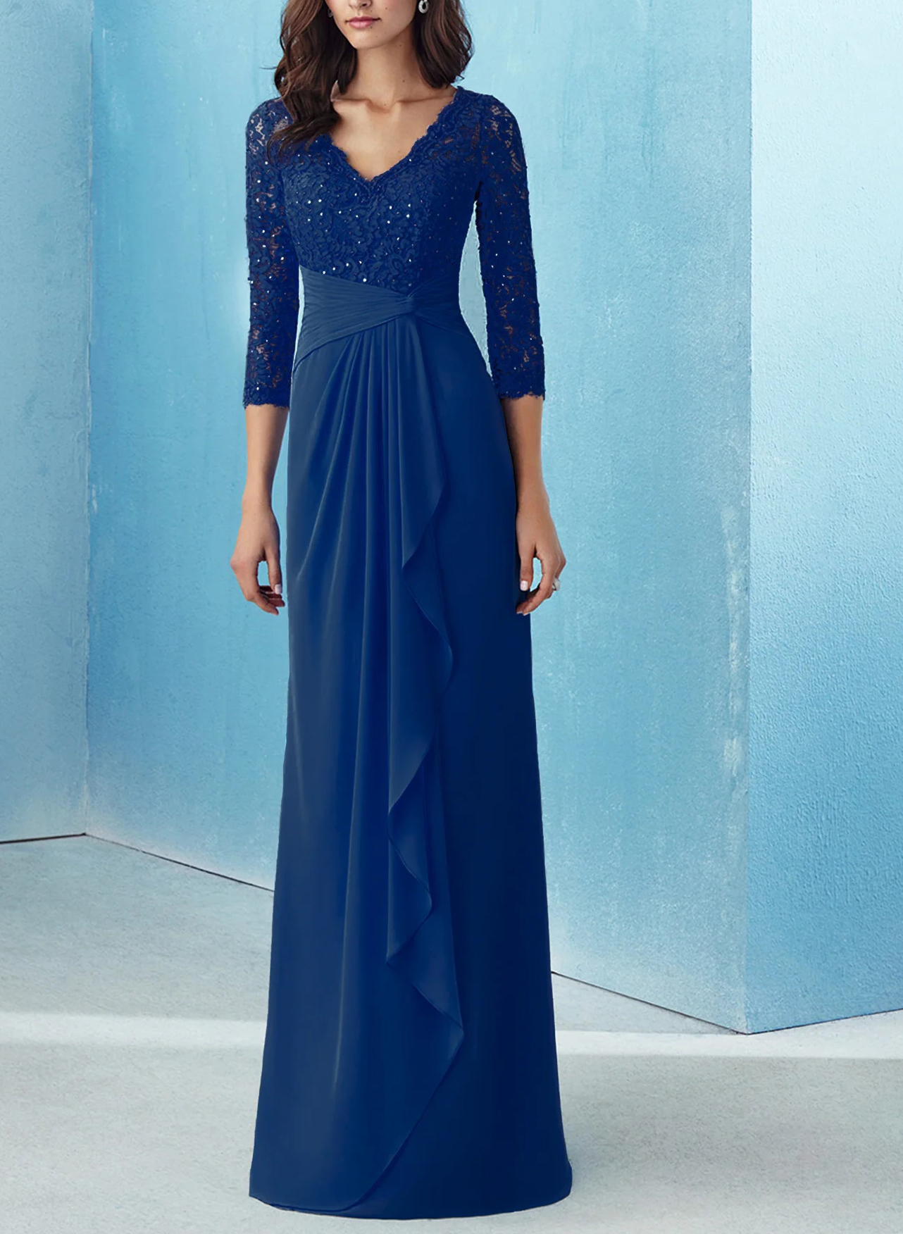 Navy Long Sheath/Column Sleeves Mother of the Bride Dresses With Lace