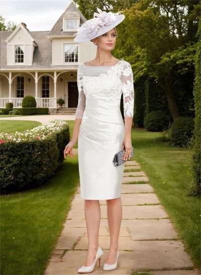 Knee-Length Sheath/Column Sleeves Asymmetrical Neck Elegant Mother Of The Bride Dresses