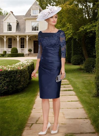 Knee-Length Sheath/Column Sleeves Asymmetrical Neck Elegant Mother Of The Bride Dresses