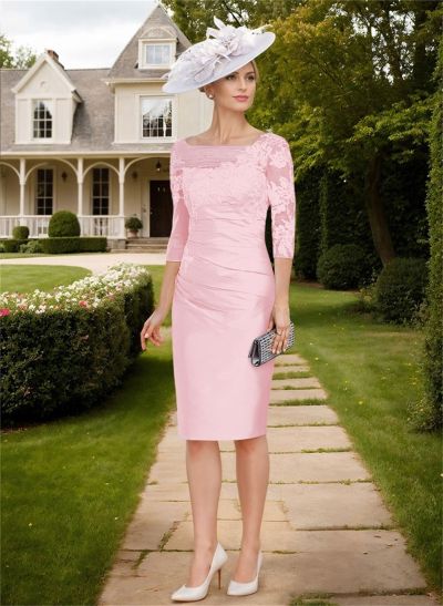 Knee-Length Sheath/Column Sleeves Asymmetrical Neck Elegant Mother Of The Bride Dresses