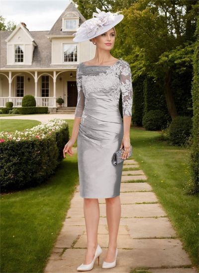 Knee-Length Sheath/Column Sleeves Asymmetrical Neck Elegant Mother Of The Bride Dresses