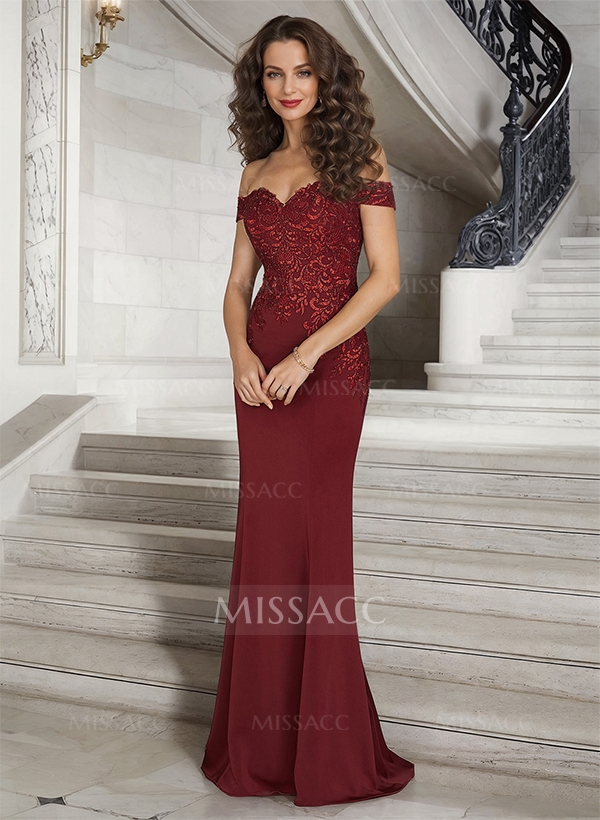 Off-The-Shoulder Elegant Elastic Satin Mother Of The Bride Dresses With Beaded Embroidery