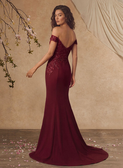 Off-The-Shoulder Elegant Elastic Satin Mother Of The Bride Dresses With Beaded Embroidery