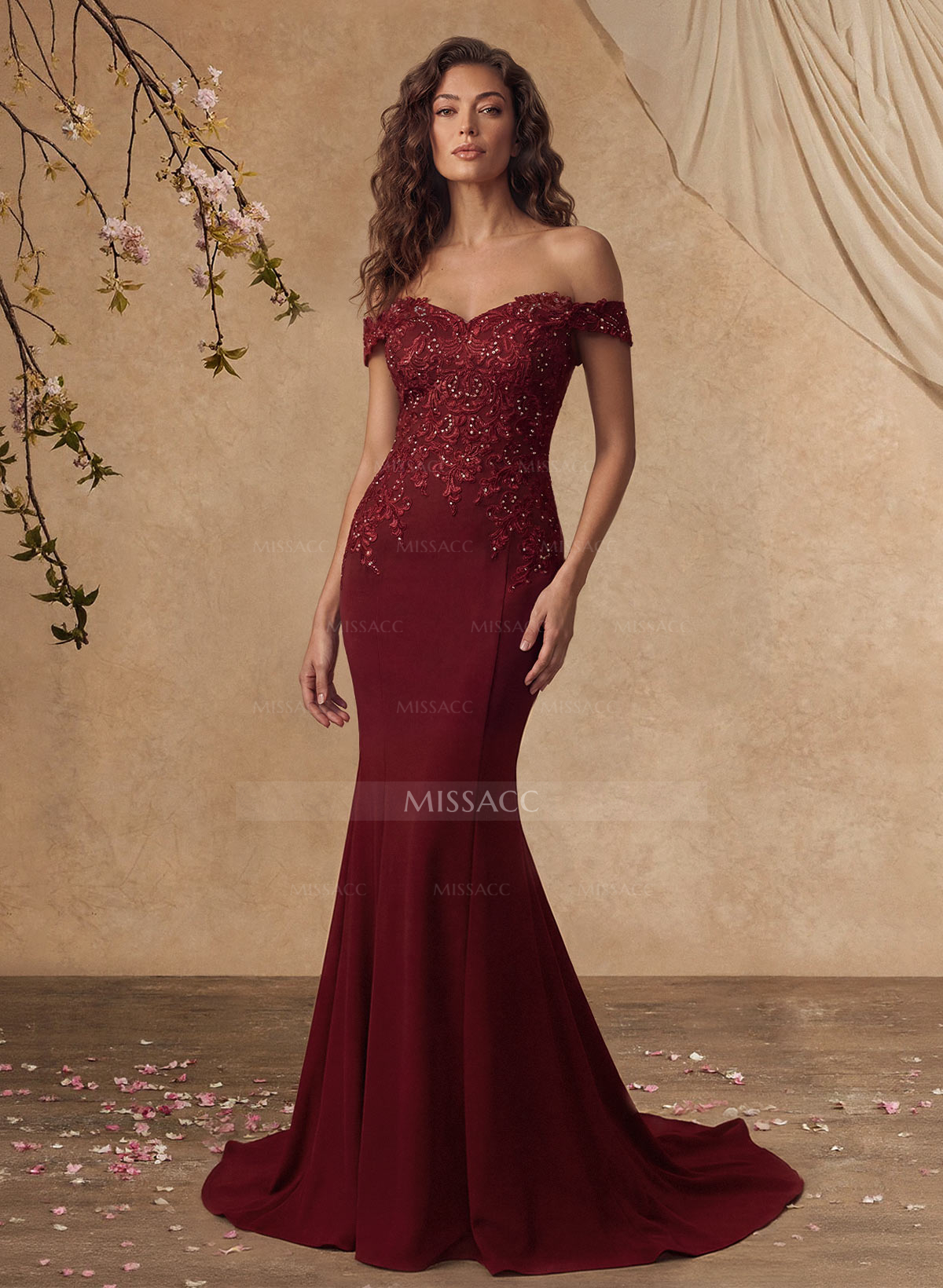 Off-The-Shoulder Elegant Elastic Satin Mother Of The Bride Dresses With Beaded Embroidery