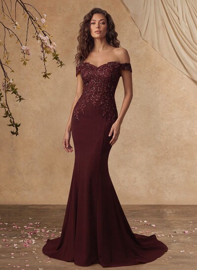 Off-The-Shoulder Elegant Elastic Satin Mother Of The Bride Dresses With Beaded Embroidery