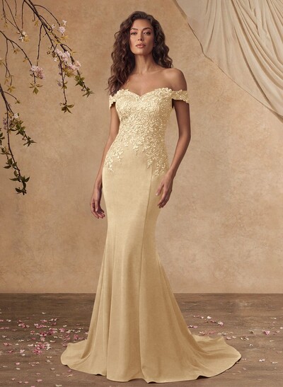 Off-The-Shoulder Elegant Elastic Satin Mother Of The Bride Dresses With Beaded Embroidery