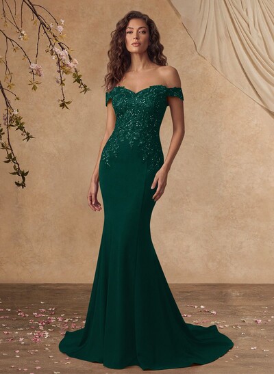 Off-The-Shoulder Elegant Elastic Satin Mother Of The Bride Dresses With Beaded Embroidery