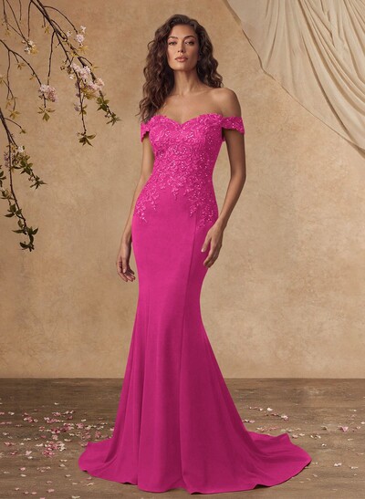 Off-The-Shoulder Elegant Elastic Satin Mother Of The Bride Dresses With Beaded Embroidery