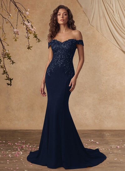 Off-The-Shoulder Elegant Elastic Satin Mother Of The Bride Dresses With Beaded Embroidery