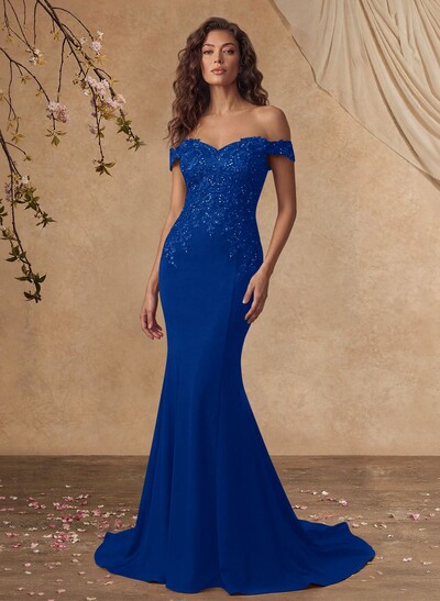 Off-The-Shoulder Elegant Elastic Satin Mother Of The Bride Dresses With Beaded Embroidery