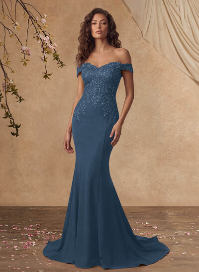 Off-The-Shoulder Elegant Elastic Satin Mother Of The Bride Dresses With Beaded Embroidery