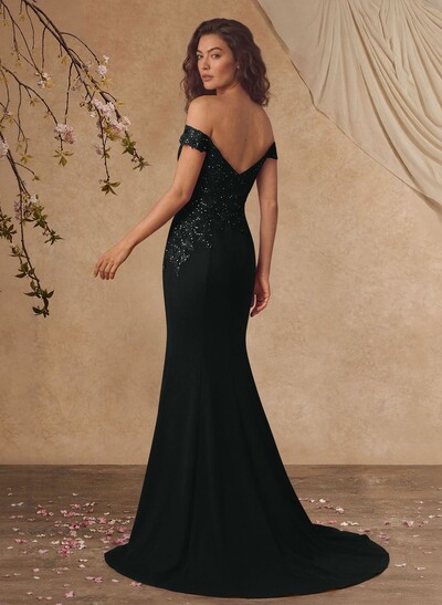 Off-The-Shoulder Elegant Elastic Satin Mother Of The Bride Dresses With Beaded Embroidery