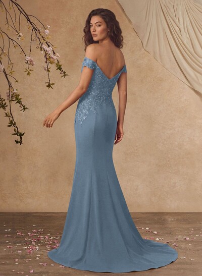 Off-The-Shoulder Elegant Elastic Satin Mother Of The Bride Dresses With Beaded Embroidery