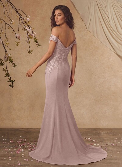 Off-The-Shoulder Elegant Elastic Satin Mother Of The Bride Dresses With Beaded Embroidery