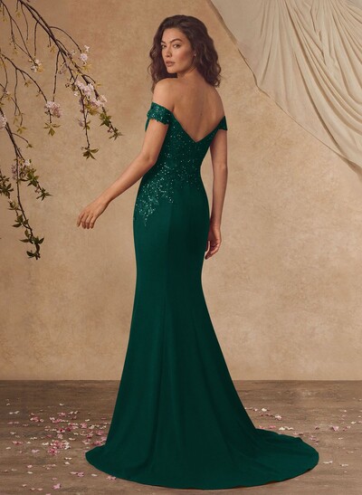 Off-The-Shoulder Elegant Elastic Satin Mother Of The Bride Dresses With Beaded Embroidery