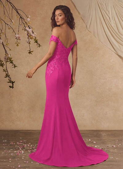 Off-The-Shoulder Elegant Elastic Satin Mother Of The Bride Dresses With Beaded Embroidery