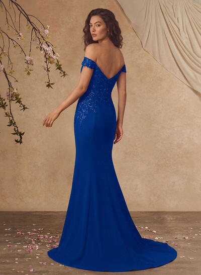 Off-The-Shoulder Elegant Elastic Satin Mother Of The Bride Dresses With Beaded Embroidery