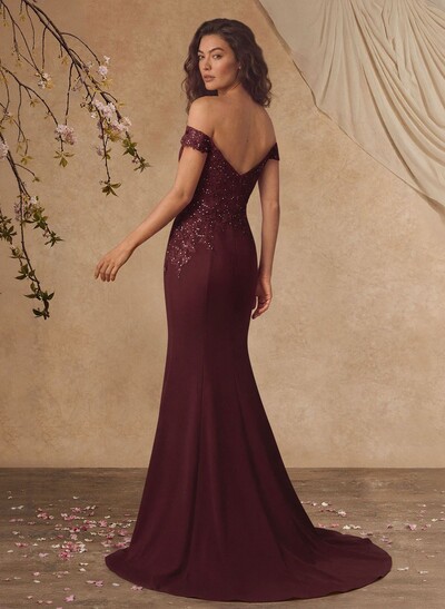 Off-The-Shoulder Elegant Elastic Satin Mother Of The Bride Dresses With Beaded Embroidery