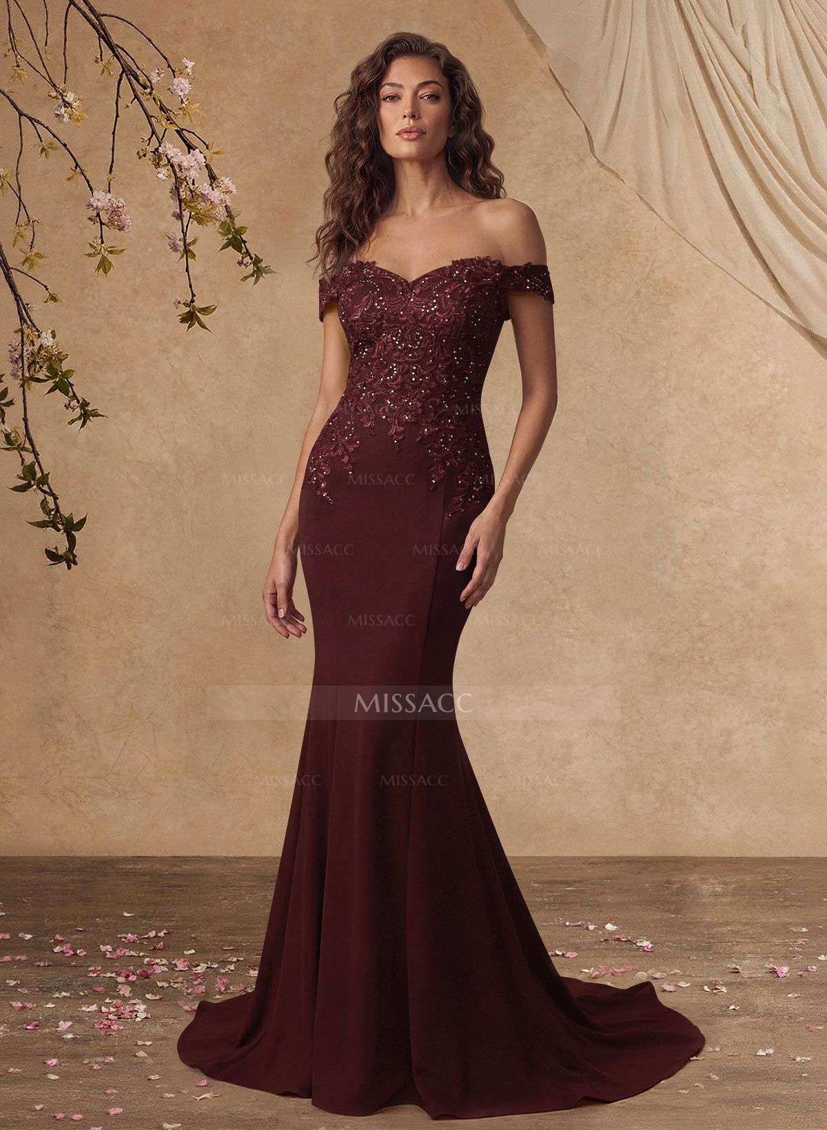 Off-The-Shoulder Elegant Elastic Satin Mother Of The Bride Dresses With Beaded Embroidery