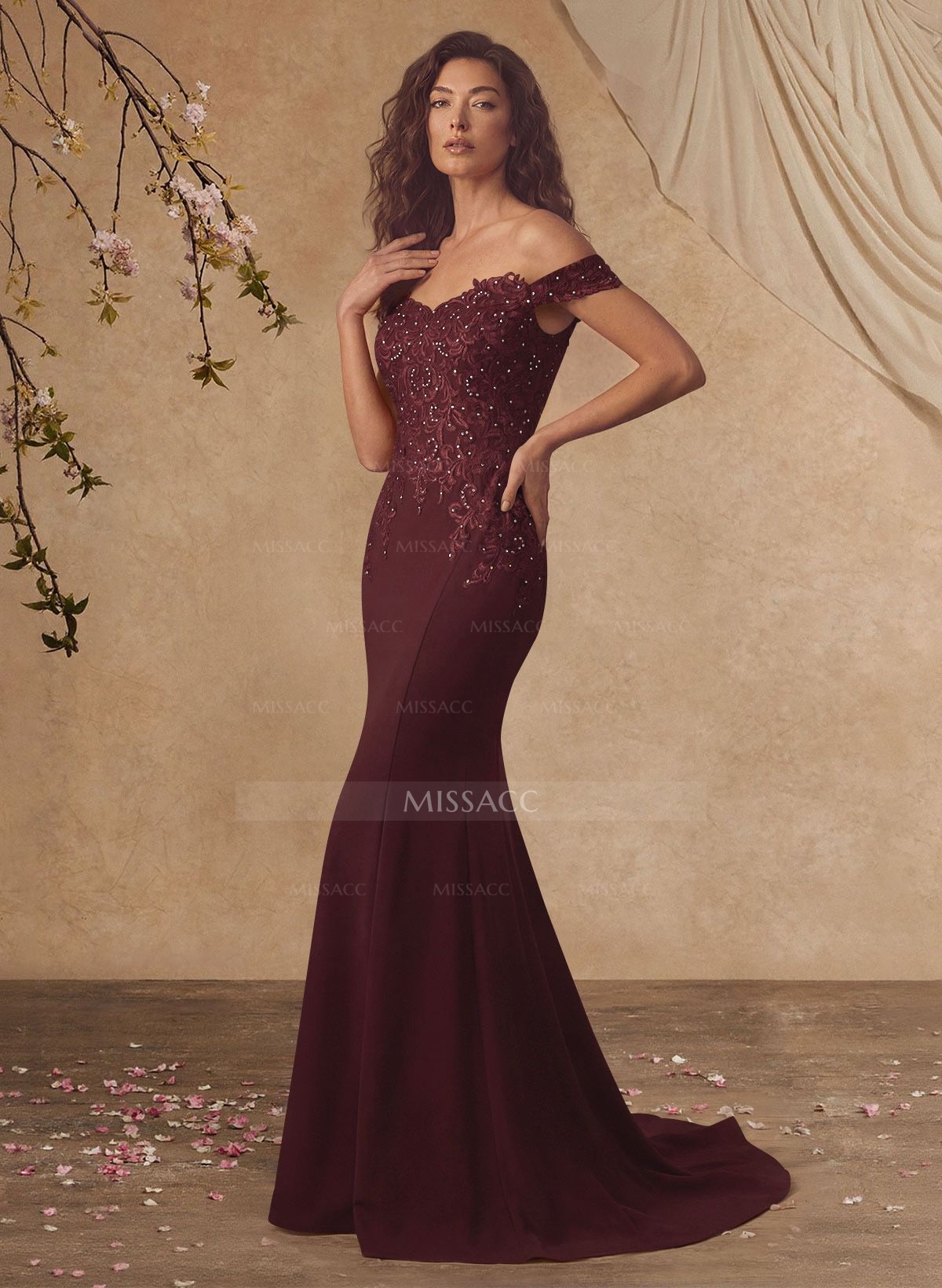 Off-The-Shoulder Elegant Elastic Satin Mother Of The Bride Dresses With Beaded Embroidery