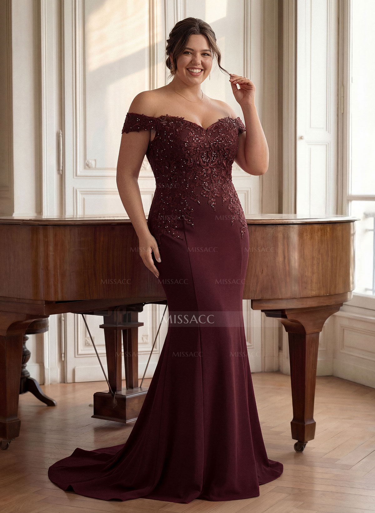 Off-The-Shoulder Elegant Elastic Satin Mother Of The Bride Dresses With Beaded Embroidery