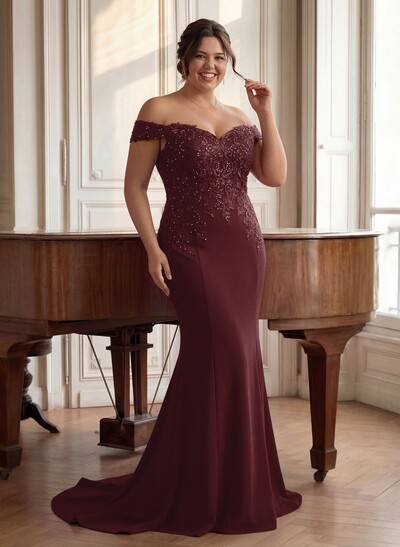 Off-The-Shoulder Elegant Elastic Satin Mother Of The Bride Dresses With Beaded Embroidery