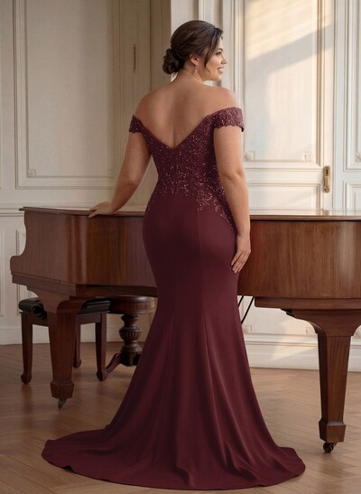Off-The-Shoulder Elegant Elastic Satin Mother Of The Bride Dresses With Beaded Embroidery