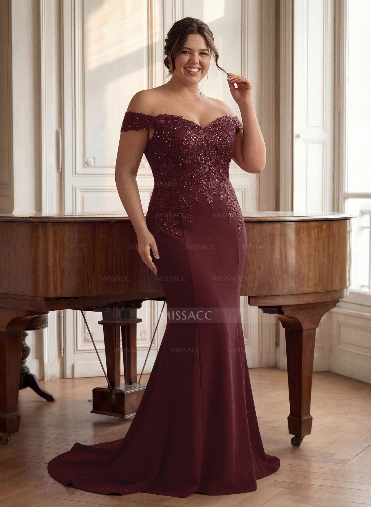 Off-The-Shoulder Elegant Elastic Satin Mother Of The Bride Dresses With Beaded Embroidery