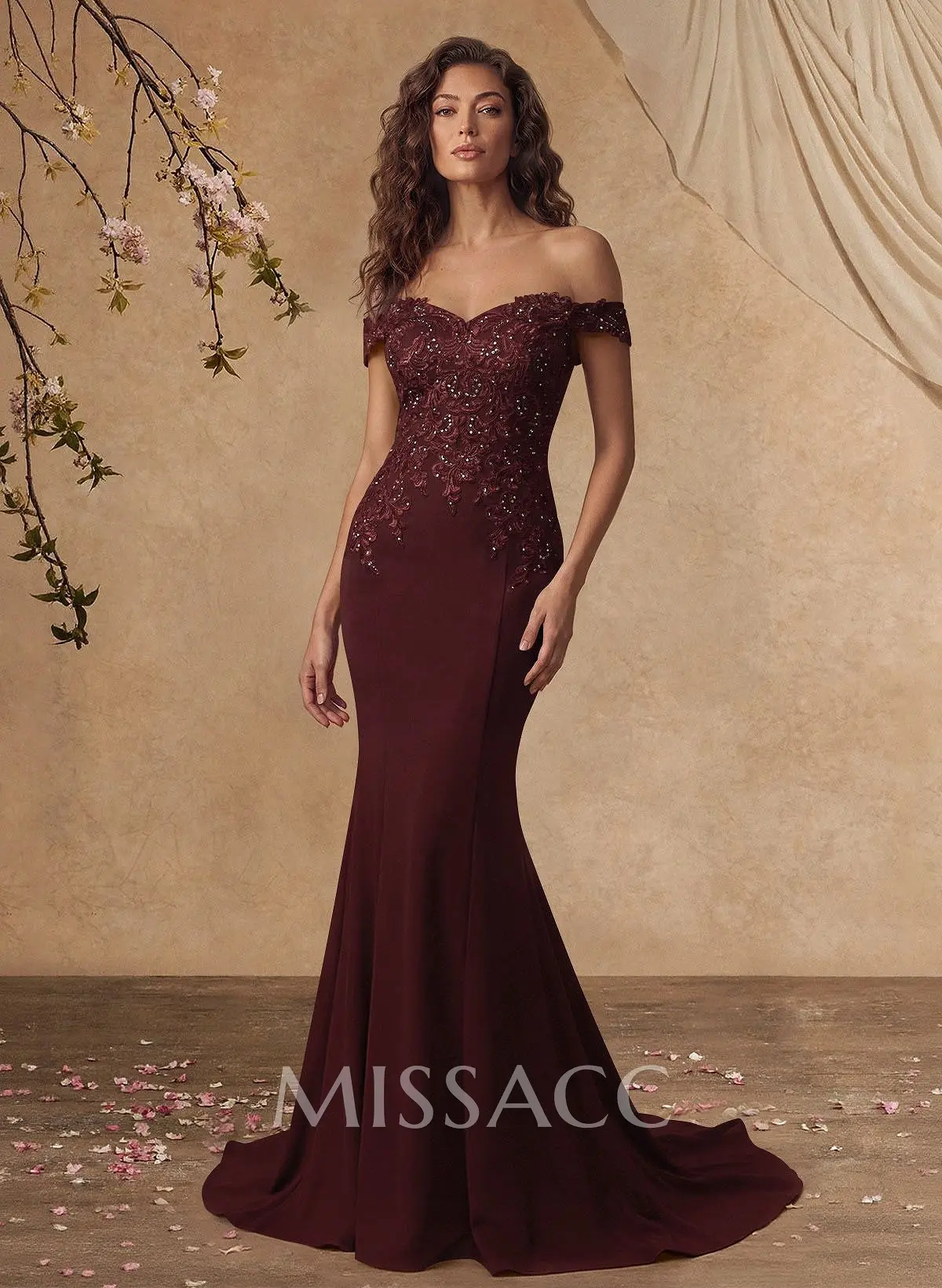 Off-The-Shoulder Elegant Elastic Satin Mother Of The Bride Dresses With Beaded Applique - Missacc Off-The-Shoulder Elegant Elastic Satin Mother Of The Bride Dresses With Beaded Applique - Missacc