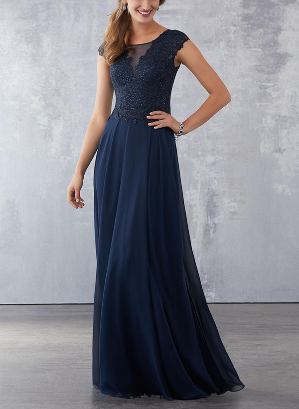 Sheath/Column Elegant Navy Chiffon Mother of the Bride Dresses With Beading/Appliques Lace