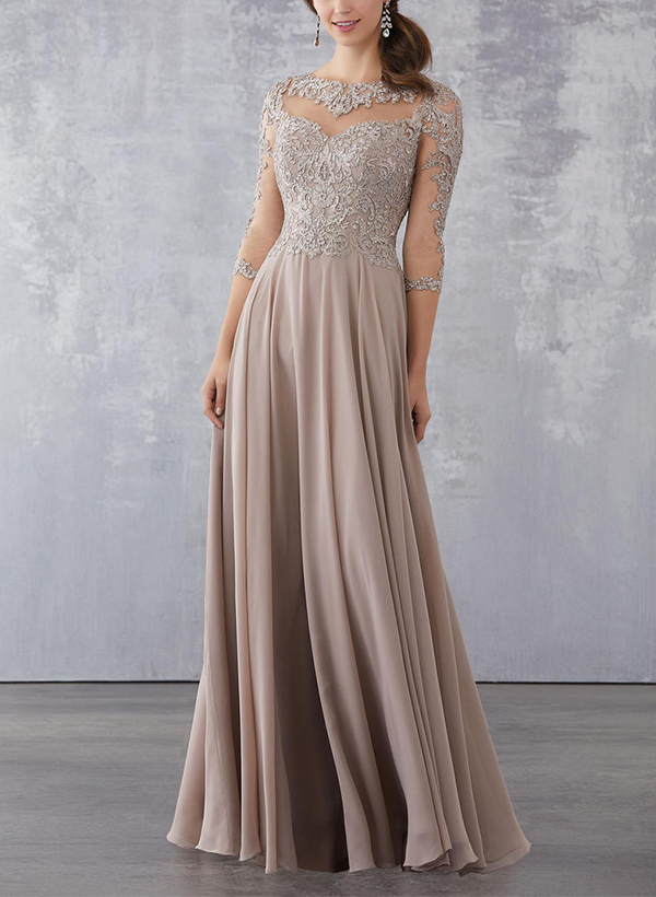 A-Line 3/4 Sleeves Chiffon Mother of the Bride Dresses With Appliques Lace