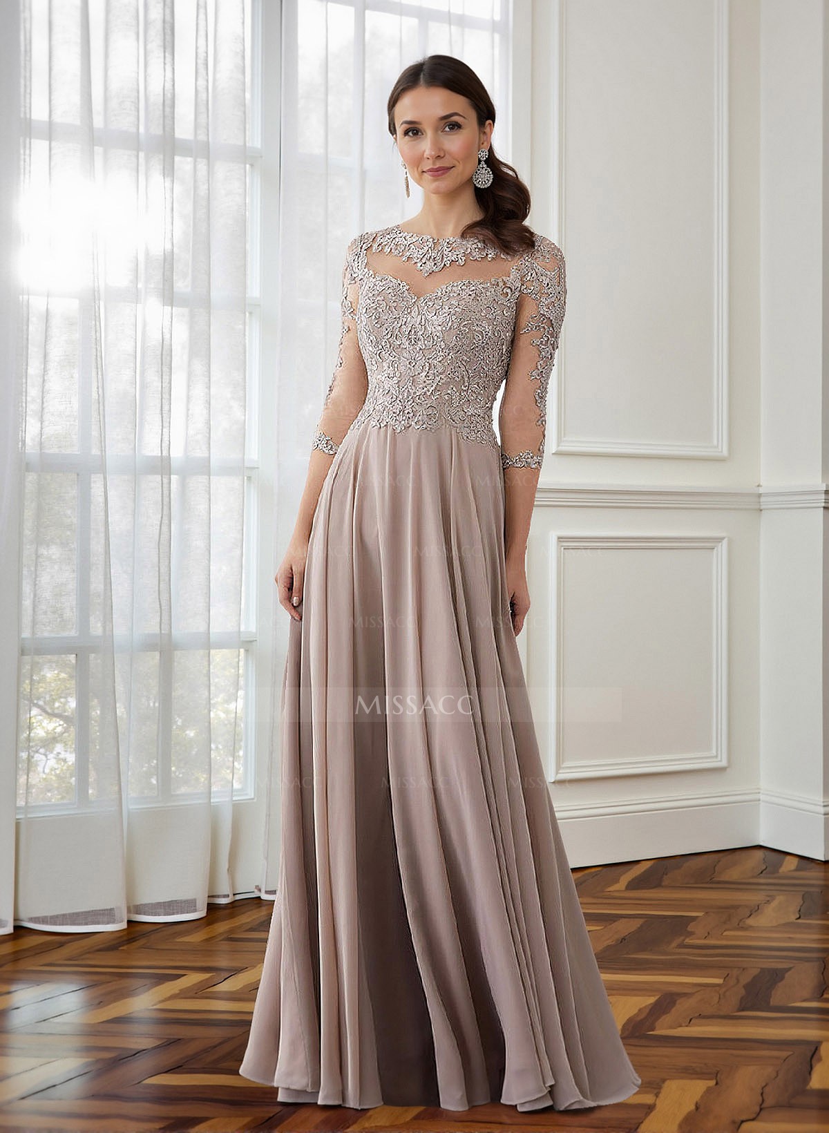 A-Line 3/4 Sleeves Chiffon Mother Of The Bride Dresses With Appliques Lace