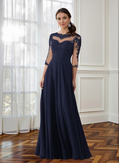 A-Line 3/4 Sleeves Chiffon Mother Of The Bride Dresses With Appliques Lace