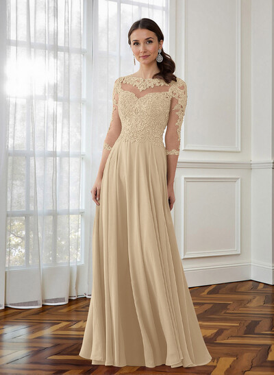 A-Line 3/4 Sleeves Chiffon Mother Of The Bride Dresses With Appliques Lace