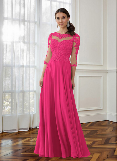 A-Line 3/4 Sleeves Chiffon Mother Of The Bride Dresses With Appliques Lace