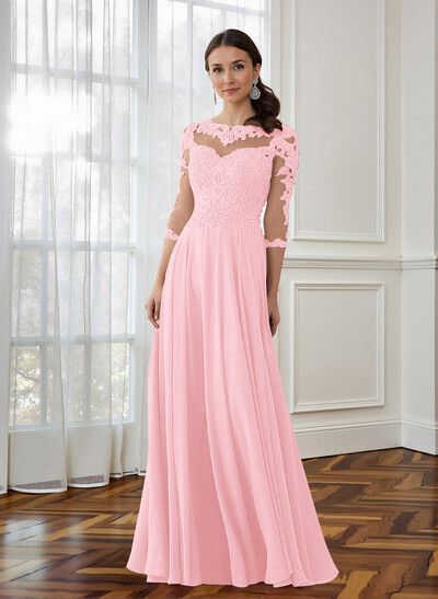 A-Line 3/4 Sleeves Chiffon Mother Of The Bride Dresses With Appliques Lace