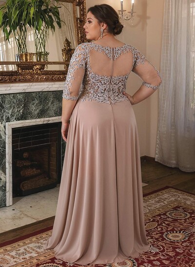 A-Line 3/4 Sleeves Chiffon Mother Of The Bride Dresses With Appliques Lace