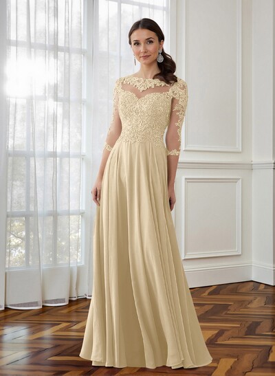 A-Line 3/4 Sleeves Chiffon Mother Of The Bride Dresses With Appliques Lace