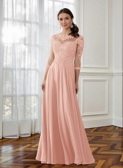 A-Line 3/4 Sleeves Chiffon Mother Of The Bride Dresses With Appliques Lace