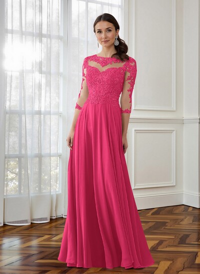 A-Line 3/4 Sleeves Chiffon Mother Of The Bride Dresses With Appliques Lace