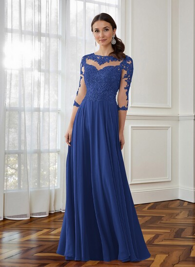 A-Line 3/4 Sleeves Chiffon Mother Of The Bride Dresses With Appliques Lace