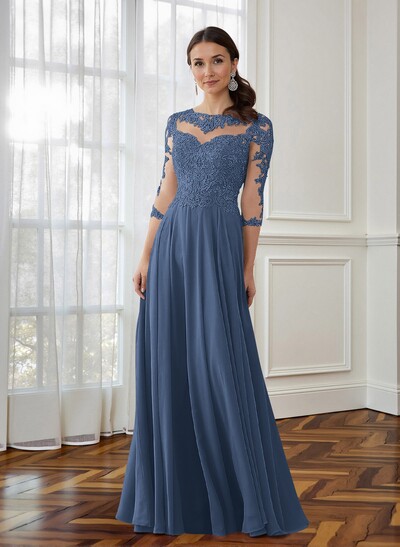 A-Line 3/4 Sleeves Chiffon Mother Of The Bride Dresses With Appliques Lace