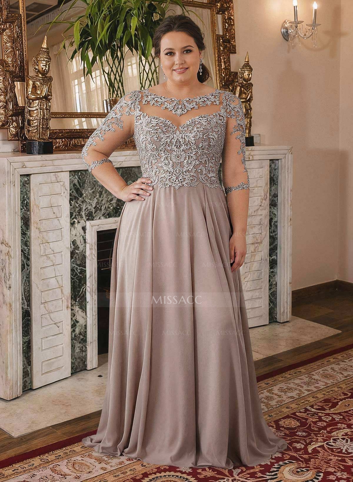 A-Line 3/4 Sleeves Chiffon Mother Of The Bride Dresses With Appliques Lace