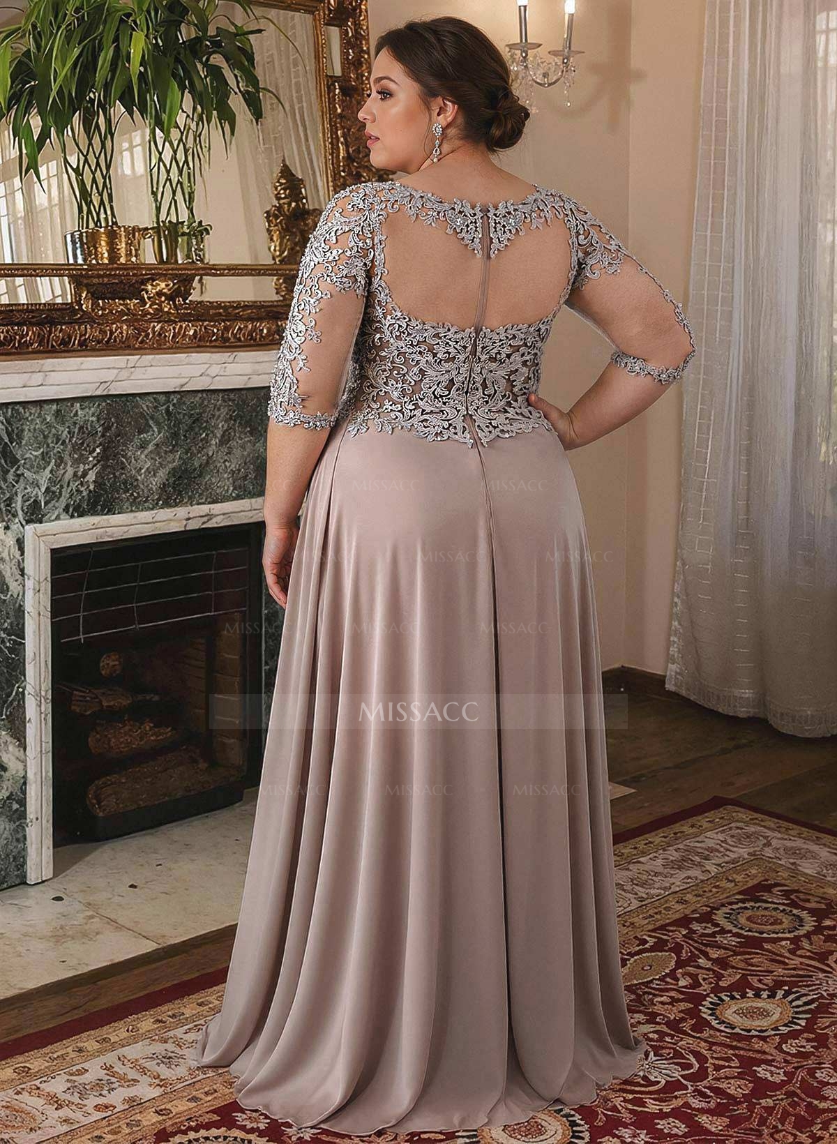 A-Line 3/4 Sleeves Chiffon Mother Of The Bride Dresses With Appliques Lace