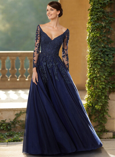 A-Line V-Neck Elegant Long Sleeves Tulle/Lace Mother Of The Bride Dresses