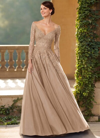 A-Line V-Neck Elegant Long Sleeves Tulle/Lace Mother Of The Bride Dresses
