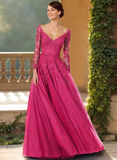 A-Line V-Neck Elegant Long Sleeves Tulle/Lace Mother Of The Bride Dresses