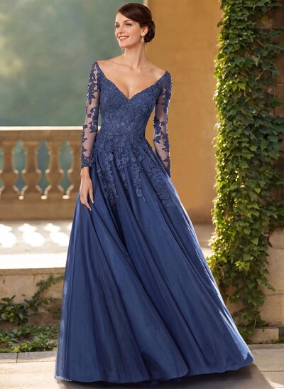 A-Line V-Neck Elegant Long Sleeves Tulle/Lace Mother Of The Bride Dresses