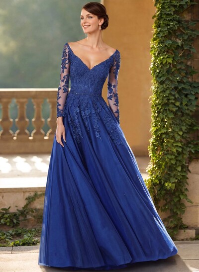 A-Line V-Neck Elegant Long Sleeves Tulle/Lace Mother Of The Bride Dresses