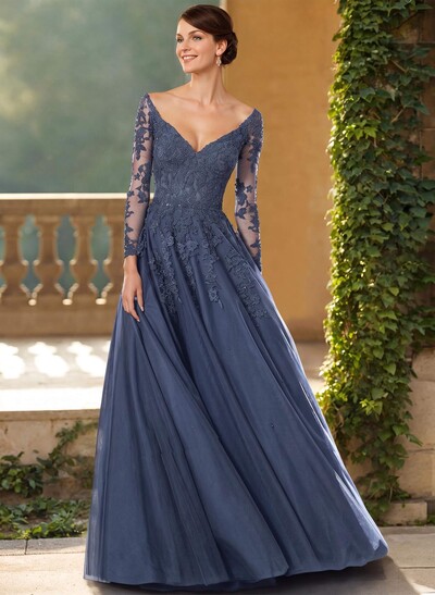 A-Line V-Neck Elegant Long Sleeves Tulle/Lace Mother Of The Bride Dresses